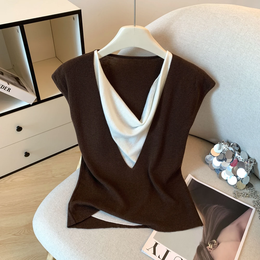 法式假两件荡领无袖针织衫女韩系早秋穿搭轻奢修身短款背心小上衣