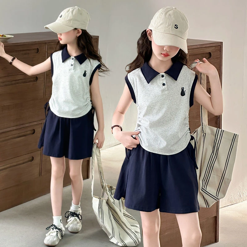 小猫Polo领套装休闲韩版套头上衣童装女夏季学院风少女风薄款-zz
