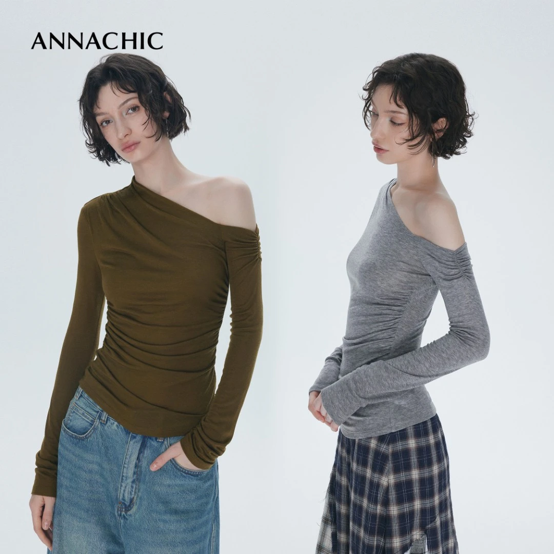 ANNACHIC层次感解构_不对称斜肩长袖T恤女 修身显瘦绝美露肩上衣