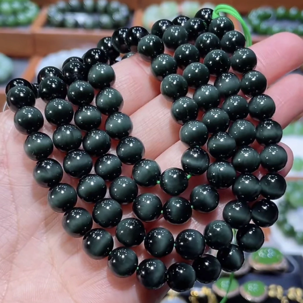和田玉俄料碧玉一线猫黑猫眼多圈手串项链8mm（约7.8mm）