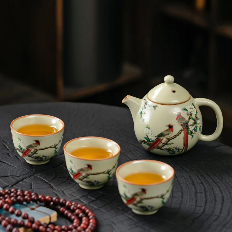 米黄汝窑喜上眉梢茶壶茶杯功夫茶道茶具单壶泡茶家用陶瓷一壶三杯
