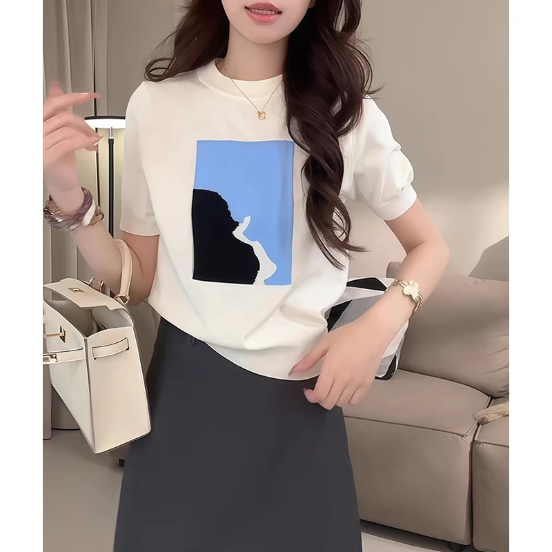 冰丝夏季薄款针织衫短袖恤女士内搭宽松显瘦拼接休闲撞色打底上衣