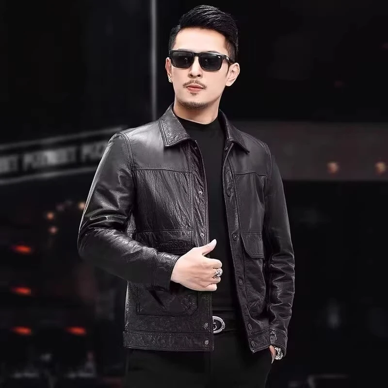 BALEYSWO翻领短款皮衣男新款痞帅时尚修身韩版皮夹克青年休闲外套
