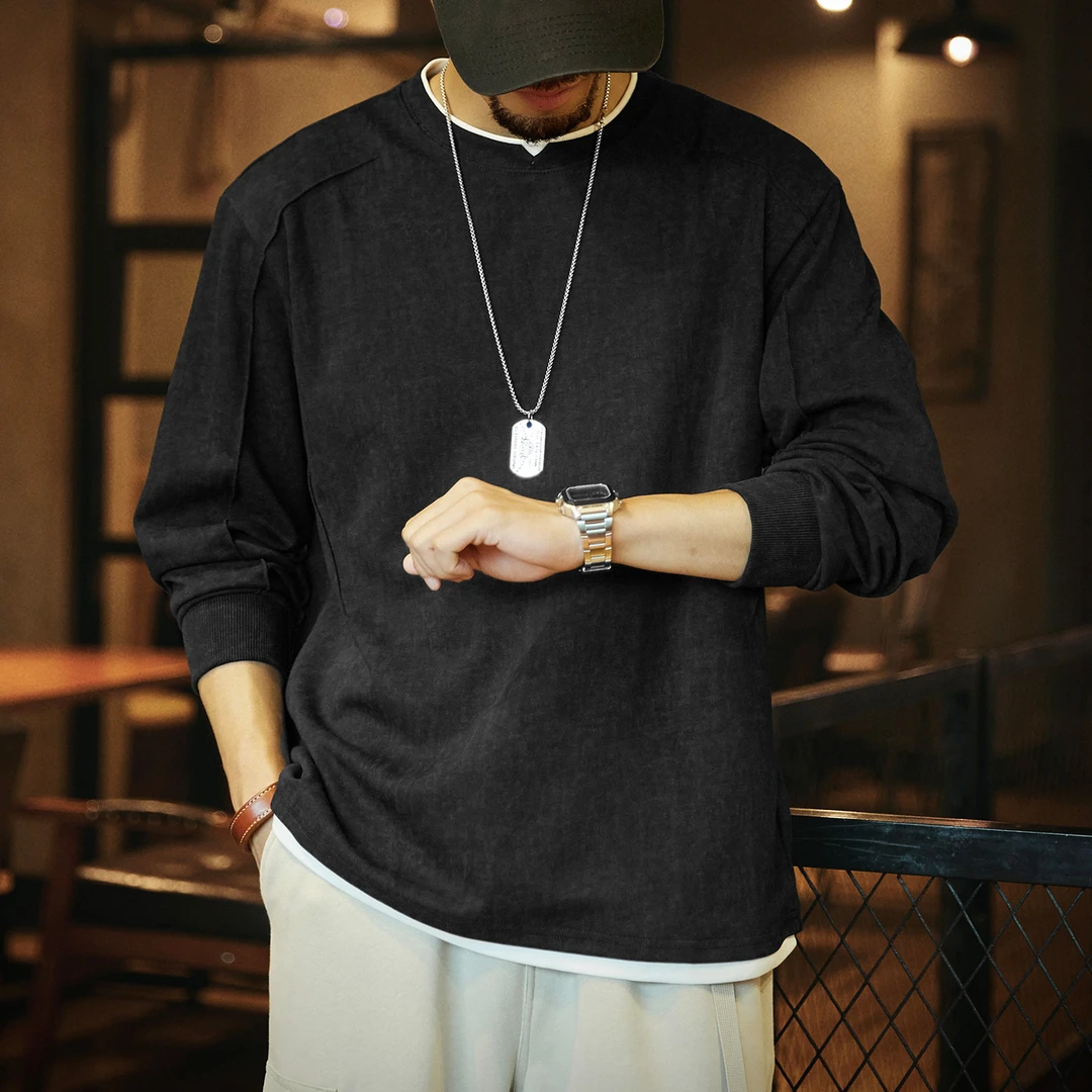假两件长袖卫衣男款爆款2025新款美式休闲圆领结构打底衫男士上衣