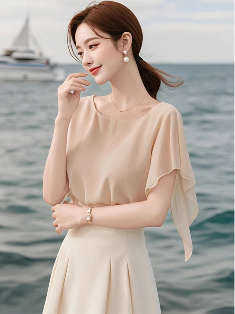 独特漂亮小衫仙气飘飘气质通勤上衣法式杏色雪纺短袖衬衫女款夏季