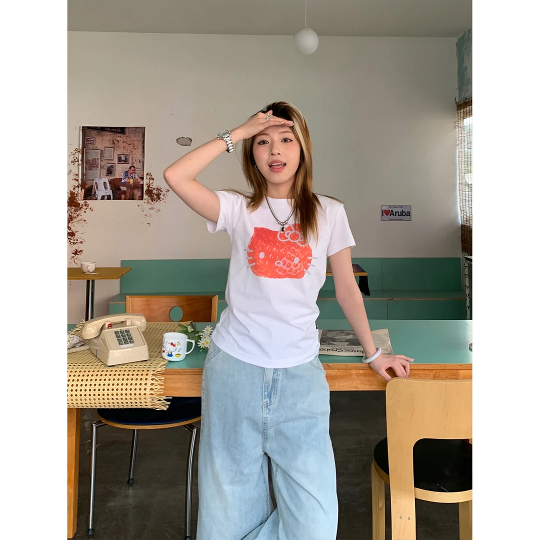 木子羊 美式复古草莓Kitty正肩短袖女夏季超好看修身显瘦百搭T恤