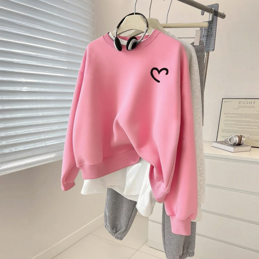 小个子粉色小爱心长袖卫衣女2025新款春秋冬圆领套头加绒加厚上衣