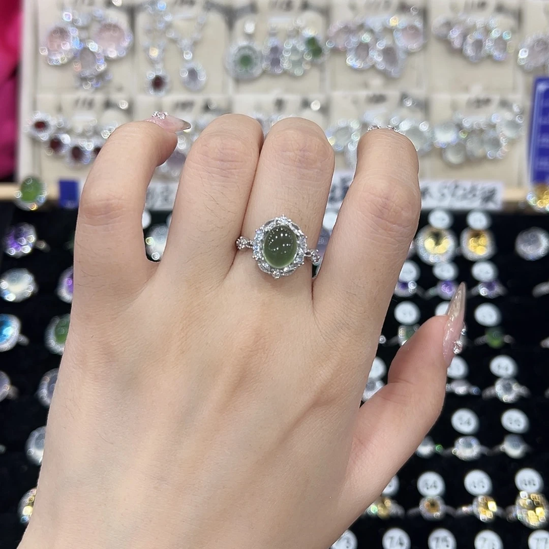 长***子蛇纹石玉银S925镶嵌戒指