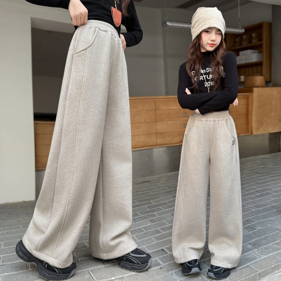 女童加绒裤子秋冬款2024新款儿童秋装直筒长裤秋季女大童阔腿裤