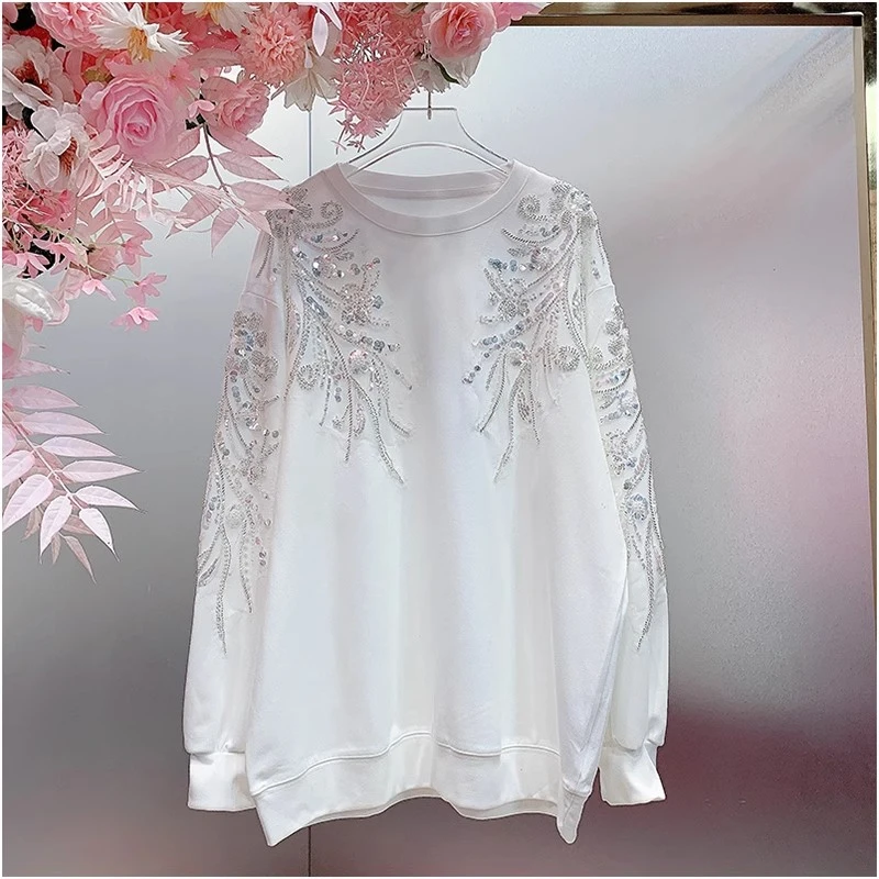 X21530欧美设计师2025早春新款重工钉珠纱花圆领套头宽松休闲卫衣