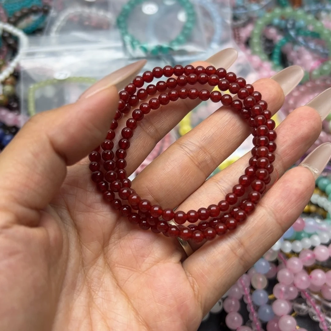 烟晶手链未镶嵌三圈红玛瑙