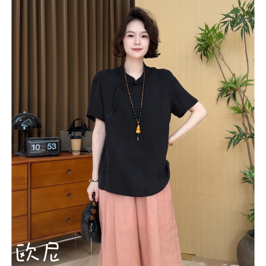 欧尼私服 2025夏新款新中式盘扣国风短袖衬衫上衣2507C4028