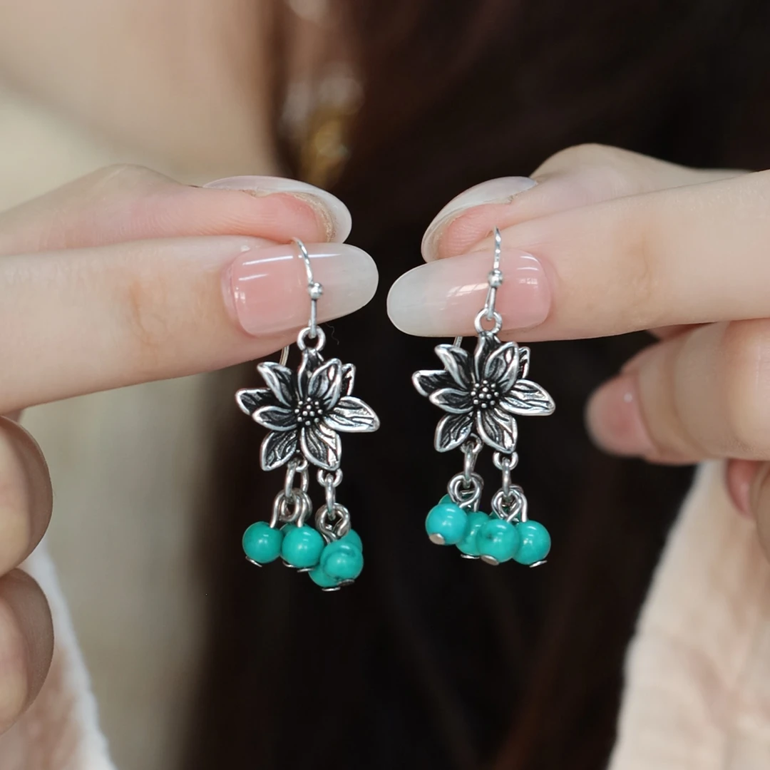 铜合金耳饰 新中式复古民族风莲花耳环女流苏国风耳坠古风耳饰品