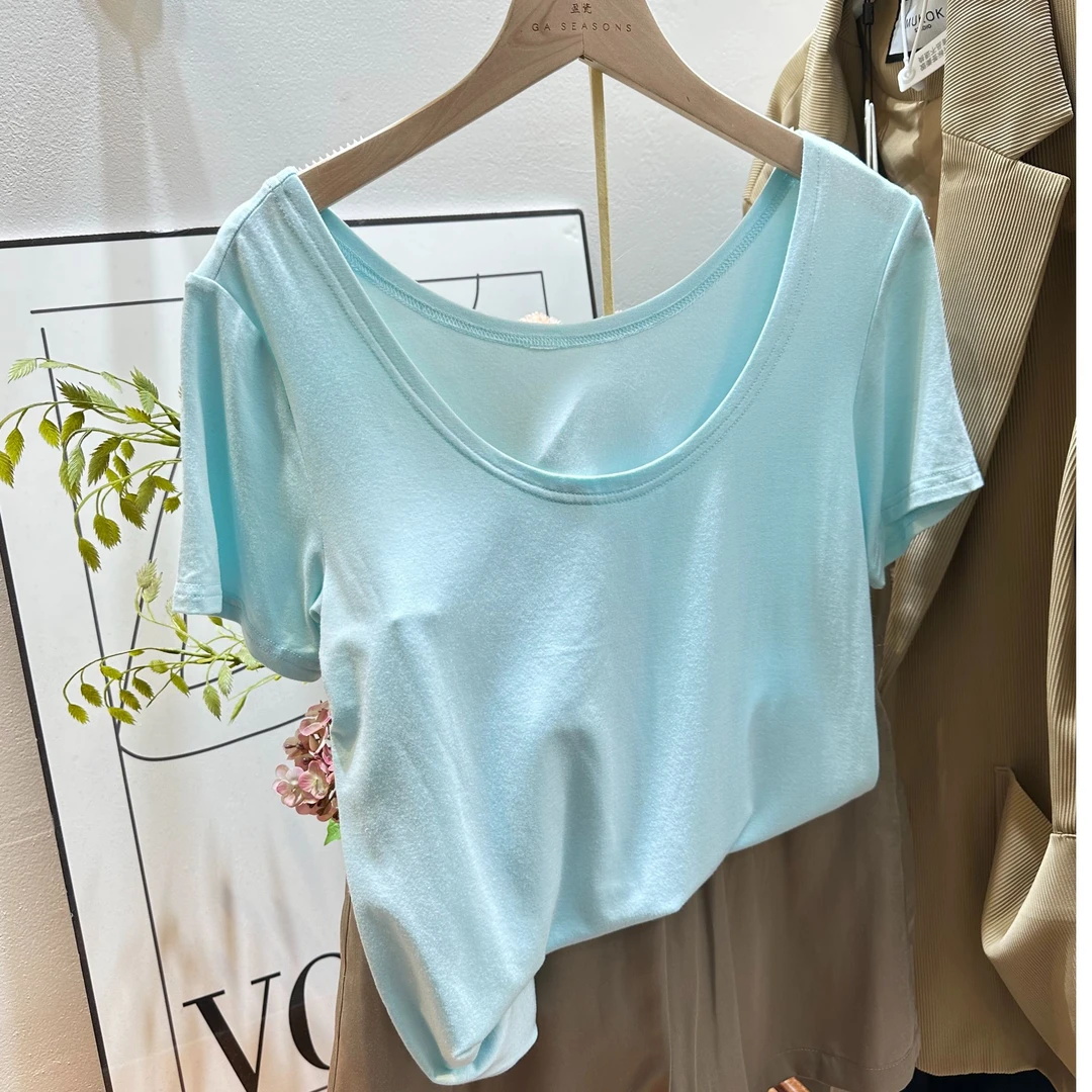 LazyZ*o弹力修身蓝色T恤上衣