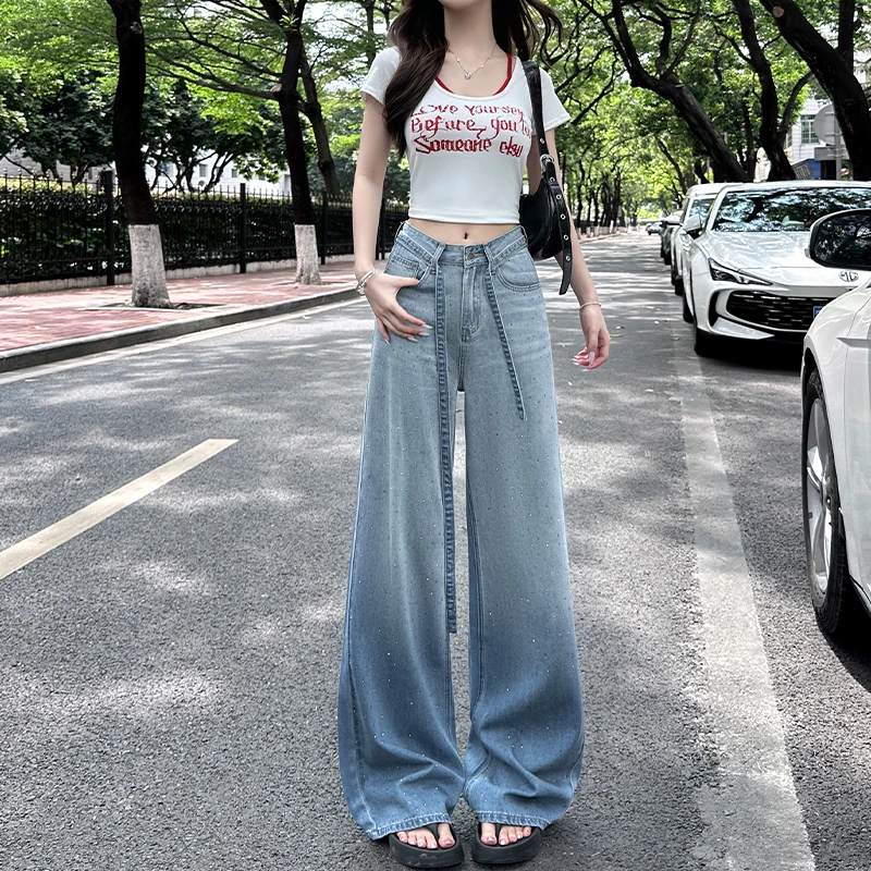 渐变色满天星烫钻薄款阔腿牛仔裤女2025夏季薄款宽松显瘦直筒裤子