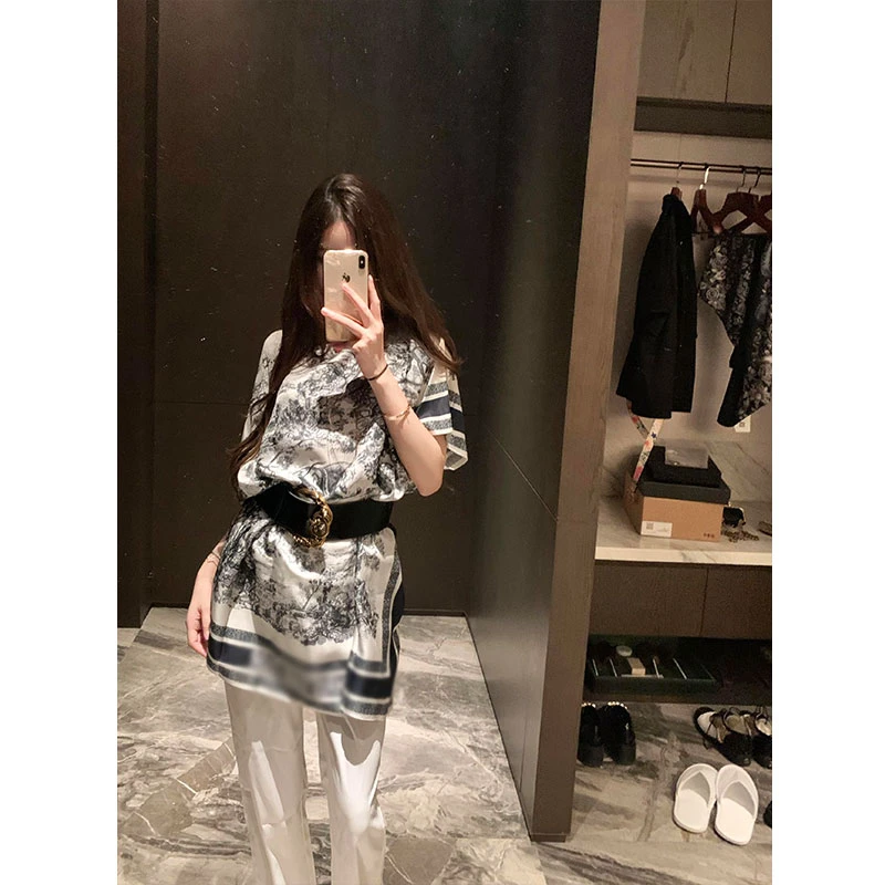 不规则复古印花短袖T恤女新款高级感宽松气质纯欲风上衣配休闲裤