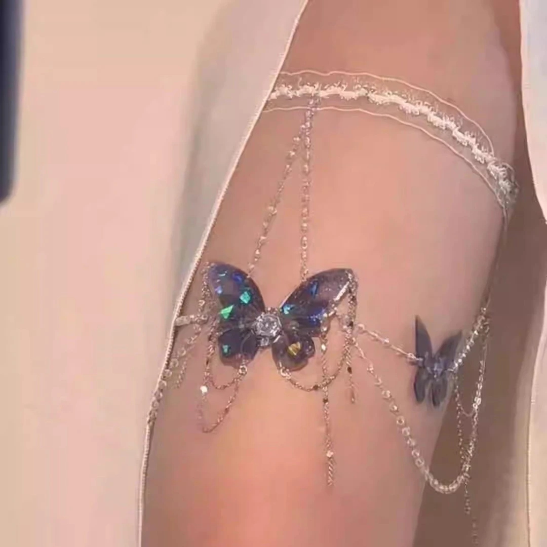 合金项链 花边蕾丝蝴蝶腿链yk腿环身体装饰多层链条配饰脚链2025