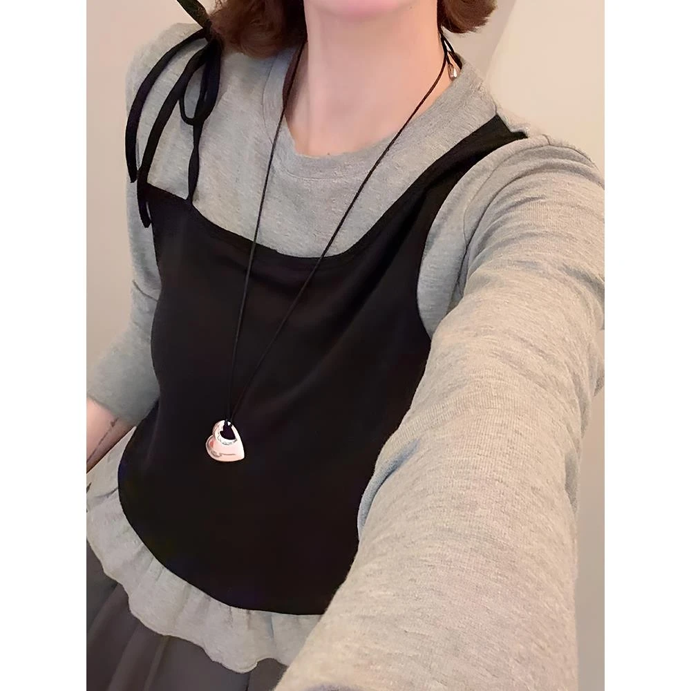 老赵服饰 早秋韩系假两件拼接撞色设计木耳边长袖t恤休闲短款上衣