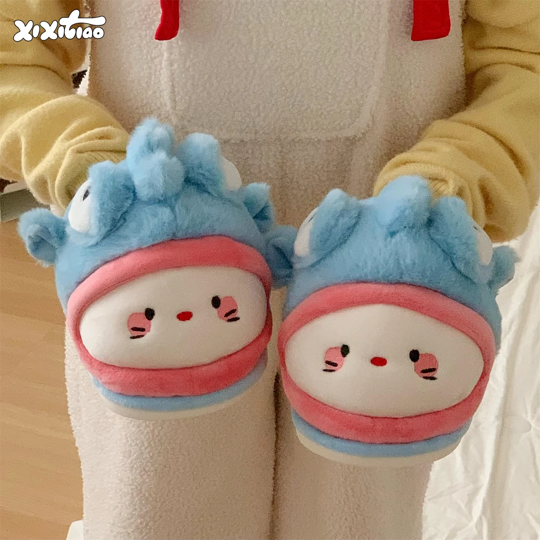 细细条 可爱包头丑鱼小猫棉拖鞋女学生冬天防滑家居毛绒绒月子鞋