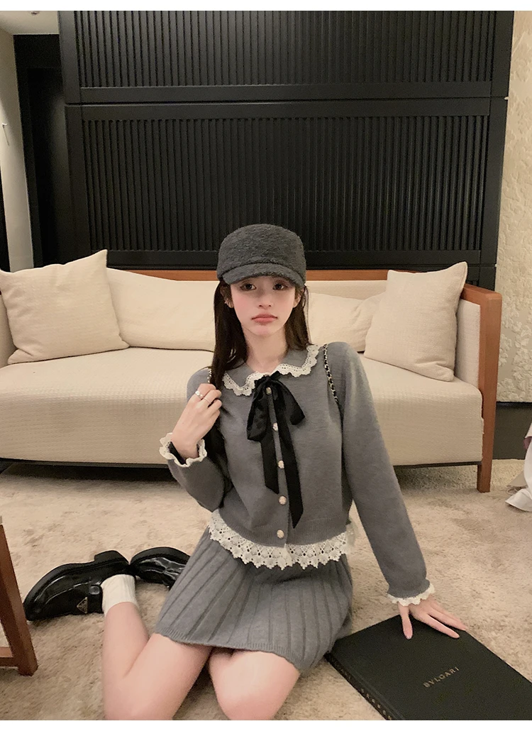 韩系蝴蝶结千金感毛衣套装女秋冬减龄一整套穿搭针织半裙两件套女
