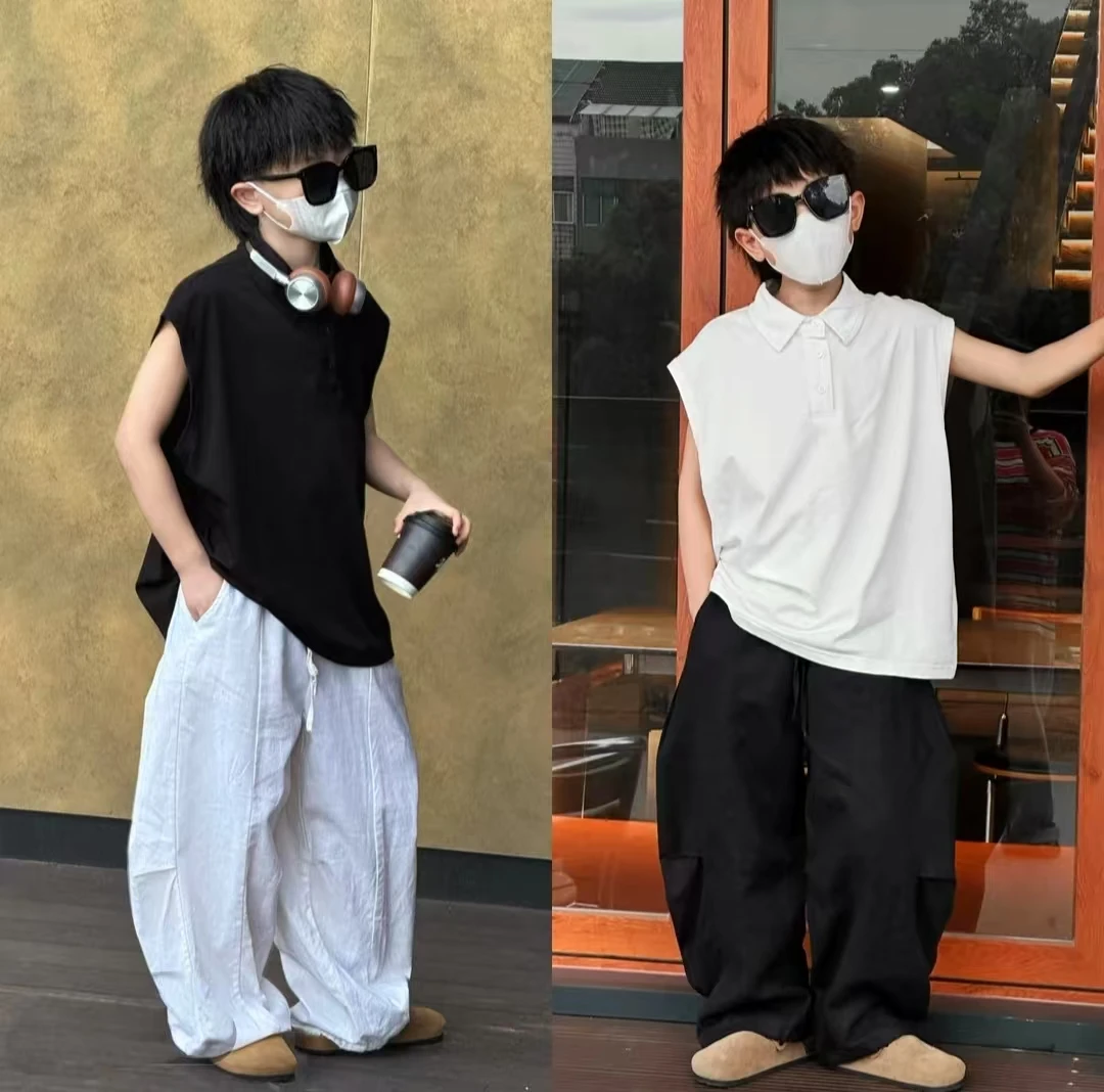 男童夏季慵懒风长裤套装2025新款儿童夏装日系无袖运动纯色两件套