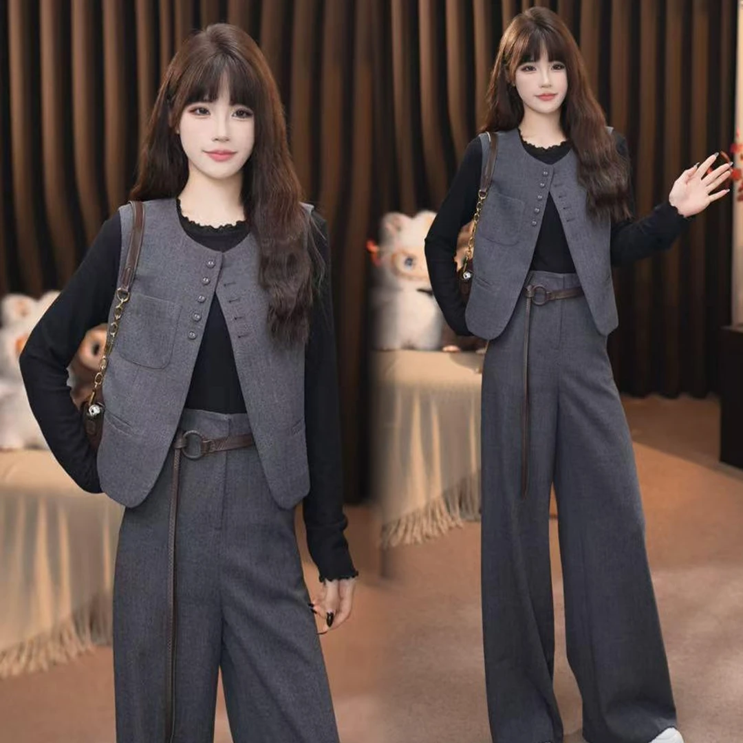 时尚套装女2025秋季新款洋气显瘦百搭马甲打底上衣阔腿裤三件套潮