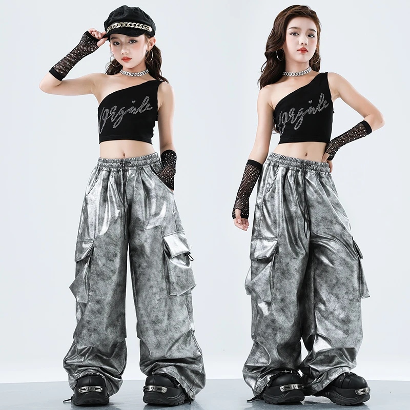 女童潮酷嘻哈爵士舞服装直筒夏季复古阔腿宽松个性街舞扎染高腰