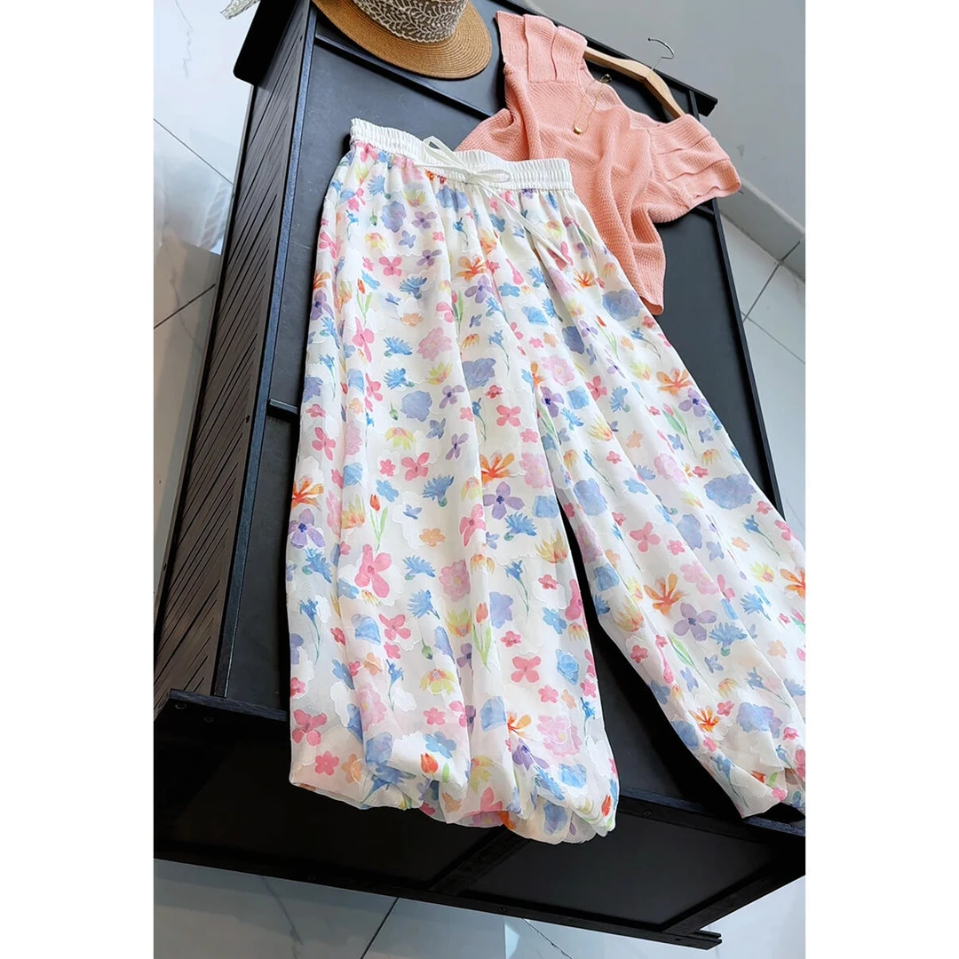 彩色甜美花苞蓬蓬裙裤女夏季法式温柔风高腰显瘦宽松阔腿休闲裤