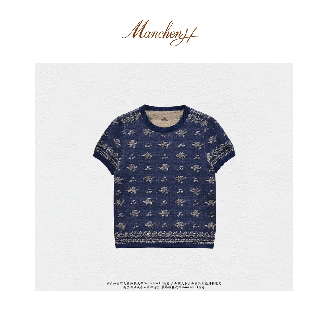 曼辰manchenh“蓝调影集”进口101s加捻烧毛棉毛冚毛提花针织上衣