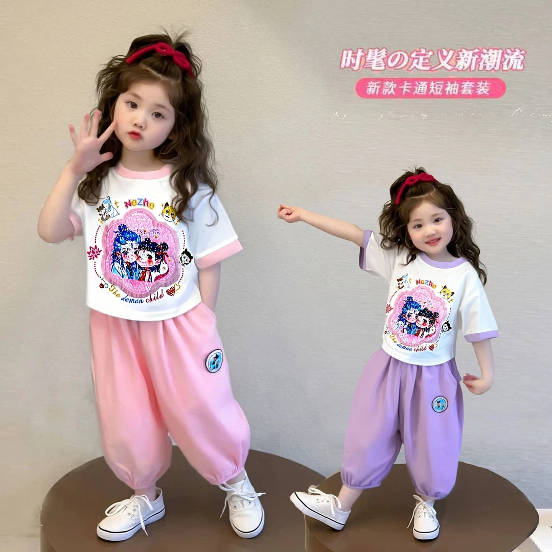 女童时尚卡通可翻转短袖亮灯休闲裤两件套2025夏季HJ新款HJ038