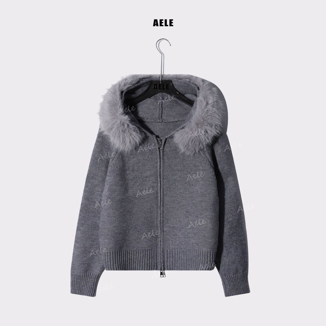 AELE秋冬慵懒高级感连帽宽松毛领针织开衫百搭毛衣 X855 3623 AD