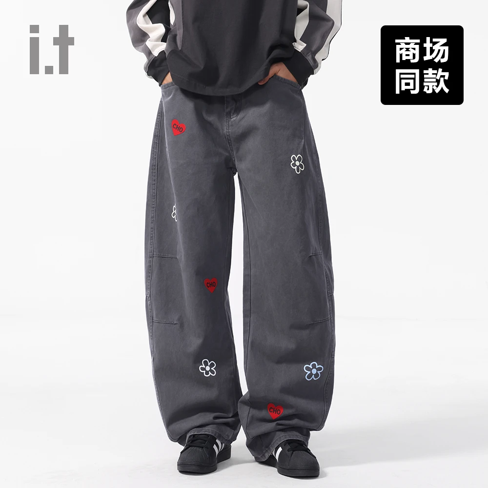I.T旗下CHOCOOLATE日常基础款印花垂感休闲弯刀阔腿裤男女灰色潮