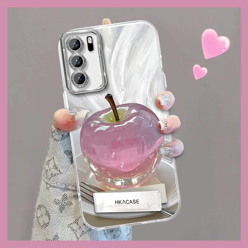 适用opporeno6精孔羽纱晶莹粉苹果网红个性创意支架全包手机壳女