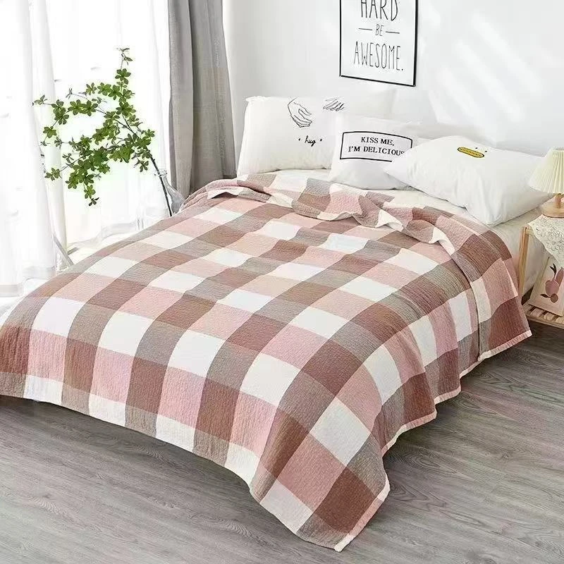 纯棉6层纱布加大起皱水洗棉经典格子 方格 方块毛巾被柔嫩家纺