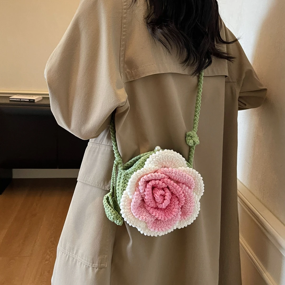 成品】纯手工钩织山茶花手机包毛线编织大花朵单肩斜挎包包