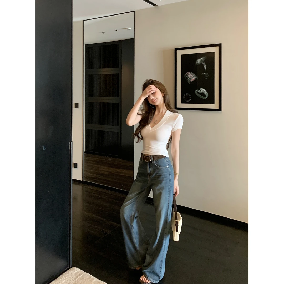 【QIUROUYAO邱肉瑶】chic女王范！慵懒休闲复古牛仔长裤