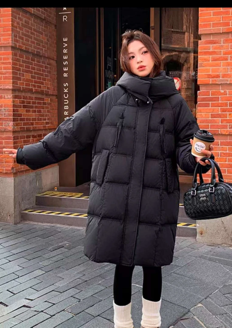 女中长款拉链纯色保暖宽松百搭休闲连帽长袖