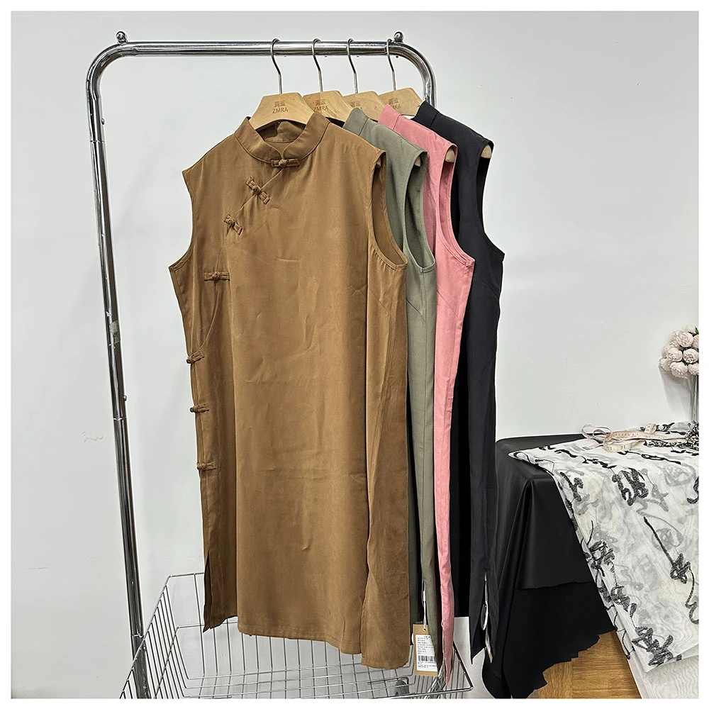 Q245 夏季新款女士宽松中长款休闲复古新中式圆领盘扣连衣裙女