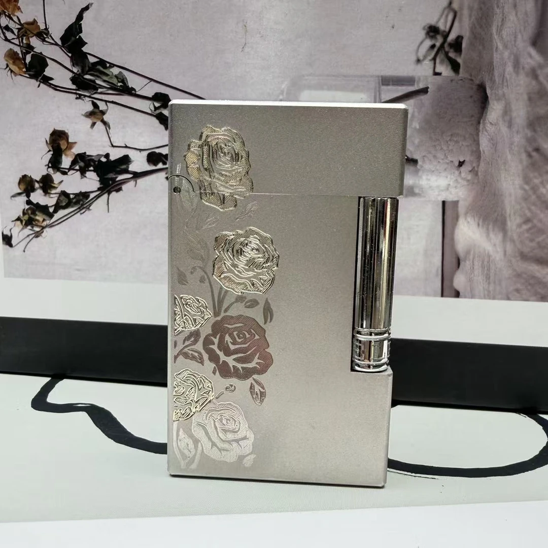 玫瑰之约古银风磨砂纯铜朗声钢音侧滑加气双色打火机雕刻
