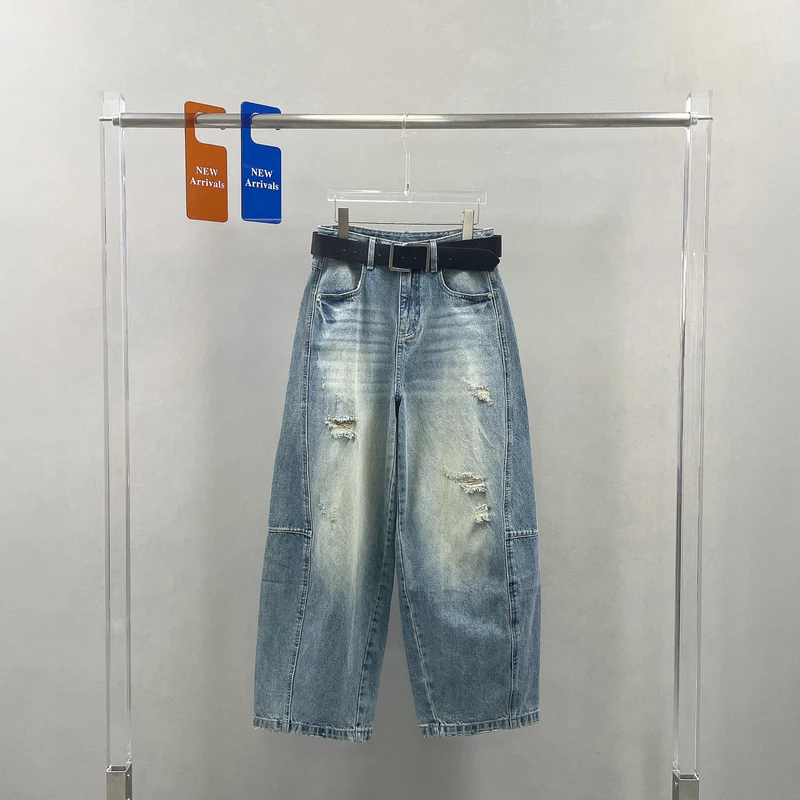 missfen牛仔弯刀裤女春夏款高腰水洗破洞宽松香蕉裤阔腿长裤37048