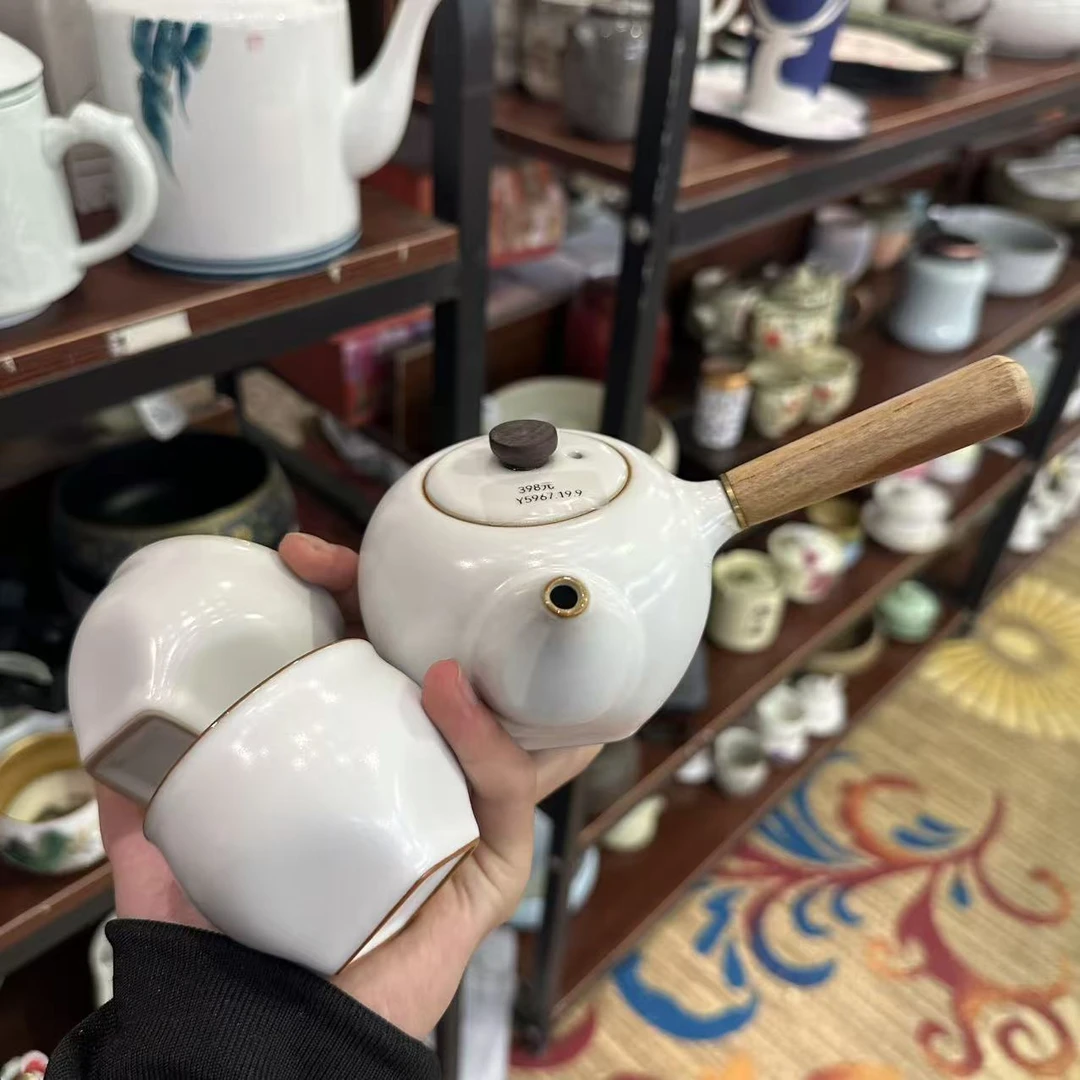 友名 月白实木侧把壶+2个【四方底】主人杯-5967