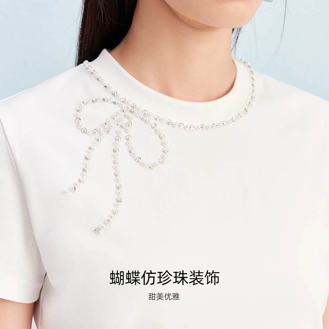 Vero ModaT恤2025秋季新款含棉蝴蝶仿珍珠装饰上衣优雅3253T1002