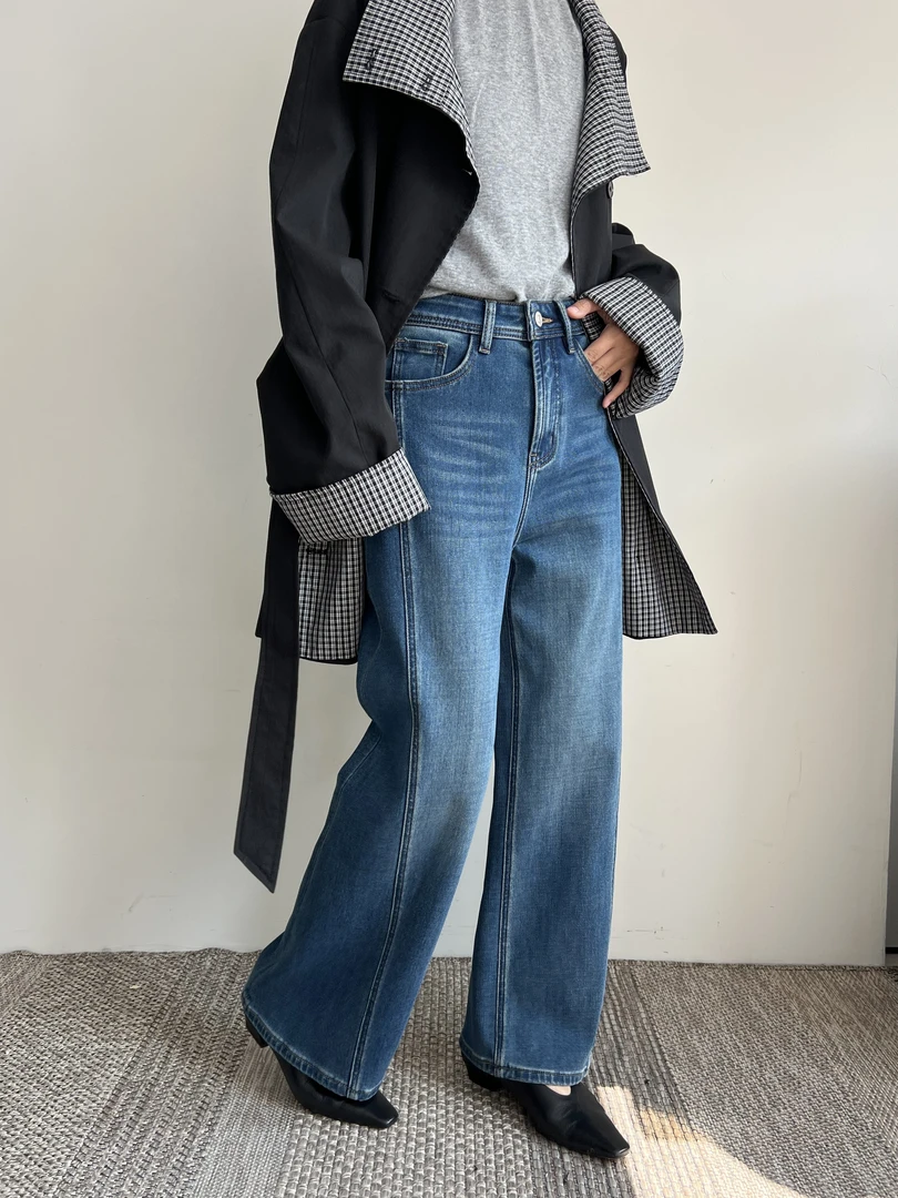 韩系四面弹加厚冬款百搭小个子阔腿裤牛仔裤