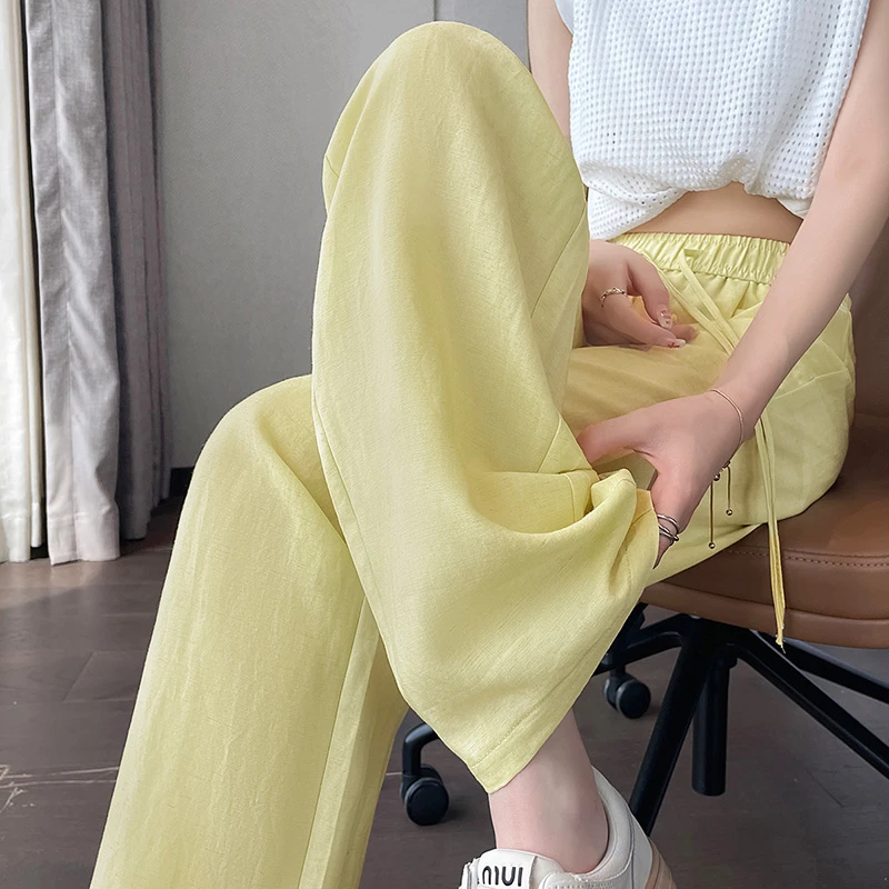 黄色冰丝阔腿裤女夏季薄款高腰垂感休闲小个子时尚直筒亚麻拖地裤