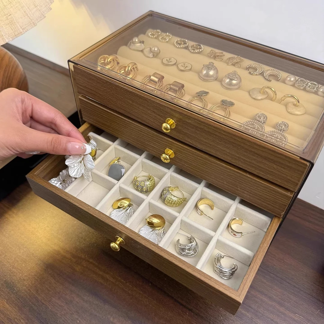 首饰盒/箱 高档精致胡桃木纹大容量首饰收纳盒可存放耳钉等饰品