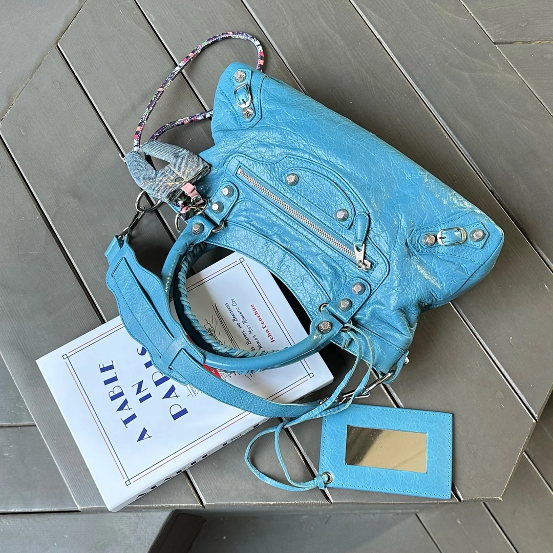 95新 Balenciaga/巴黎世家 只盒/亮蓝色银扣First单肩机车包