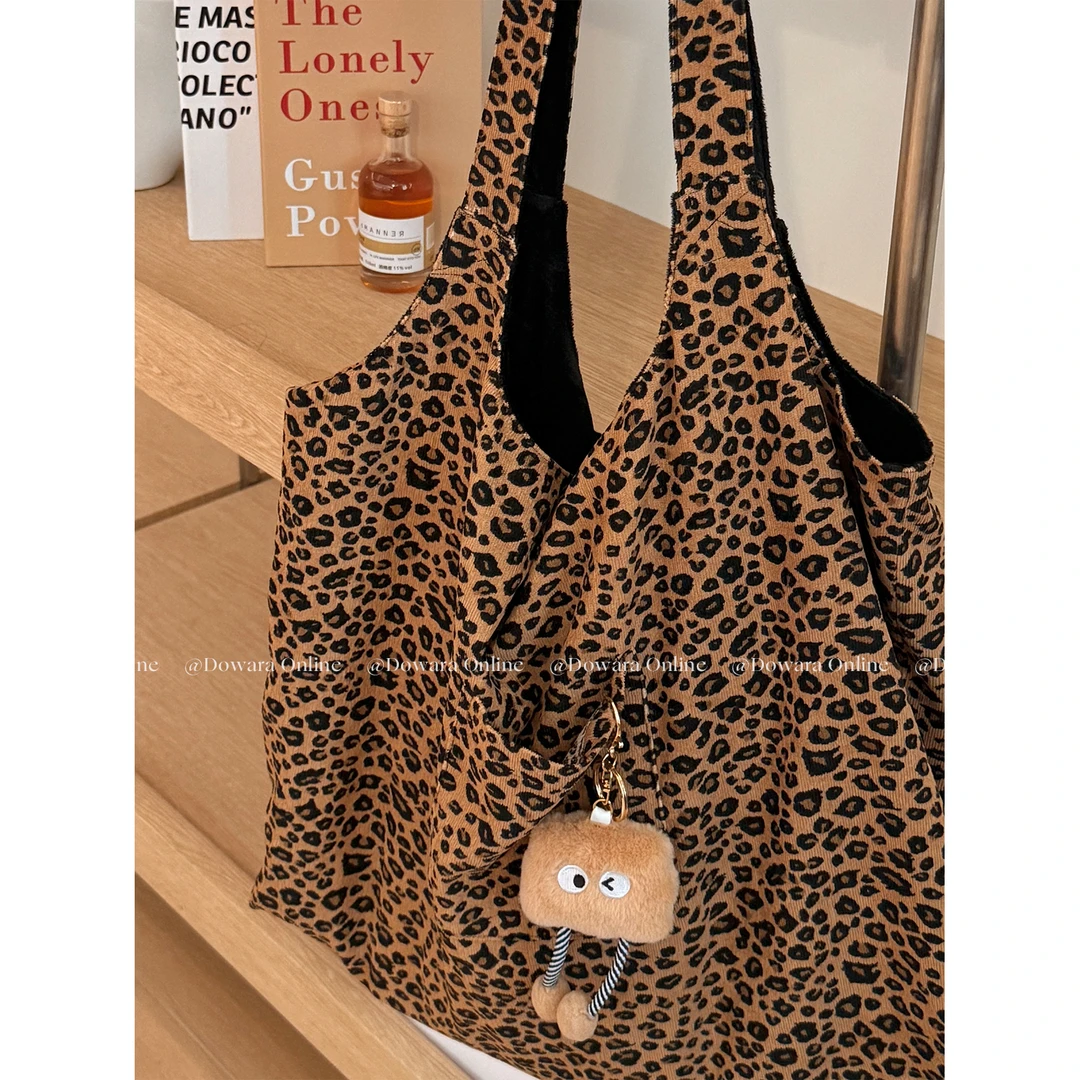 大婉酱微胖定制韩系豹纹帆布包慵懒风大容量通勤斜挎单肩包0447D