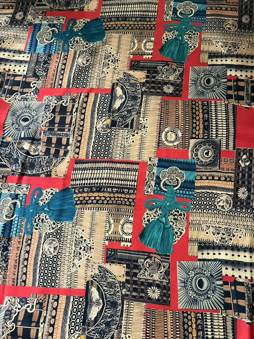 全棉真丝雕印绵绸雕印中国结套装连衣裙大摆裙旗袍布料人造棉布料