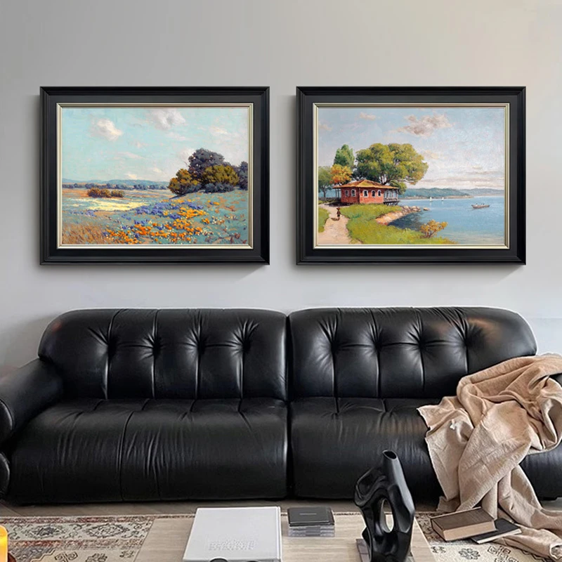 u作【贝格湖】手工油画中古风轻法式美式客厅玄关装饰画风景套画