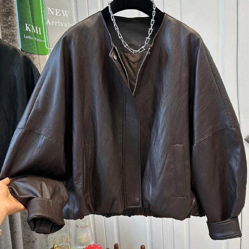 胖妹妹大码200斤皮衣外套女春秋新款显瘦遮肉撞色韩版开衫上衣冬